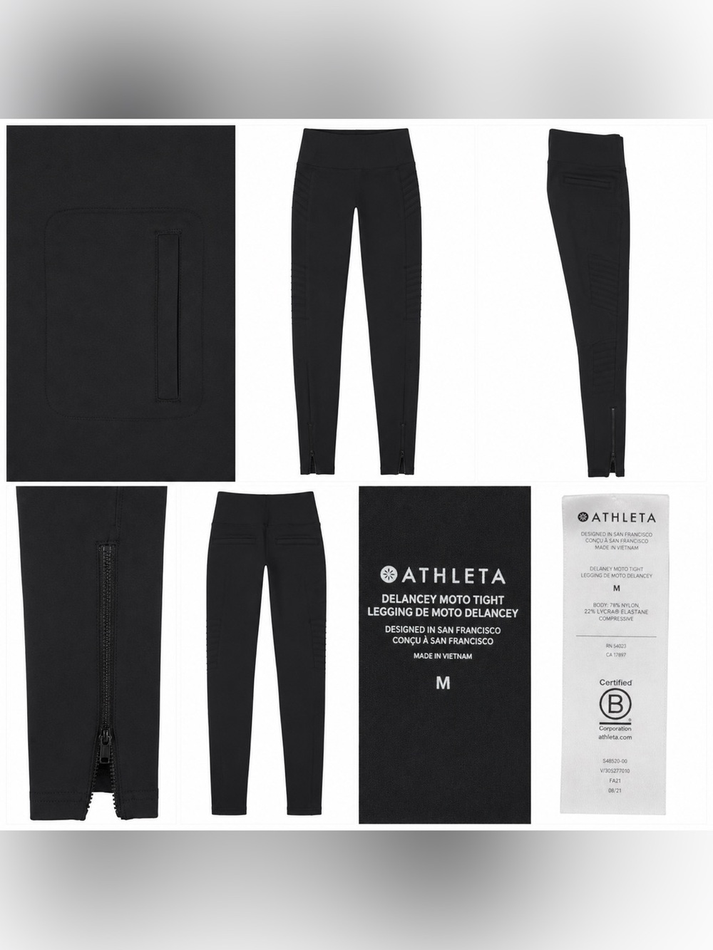 Athleta Delancey Moto Tight Leggings Black Zip Ankle Pockets Size M NWOT